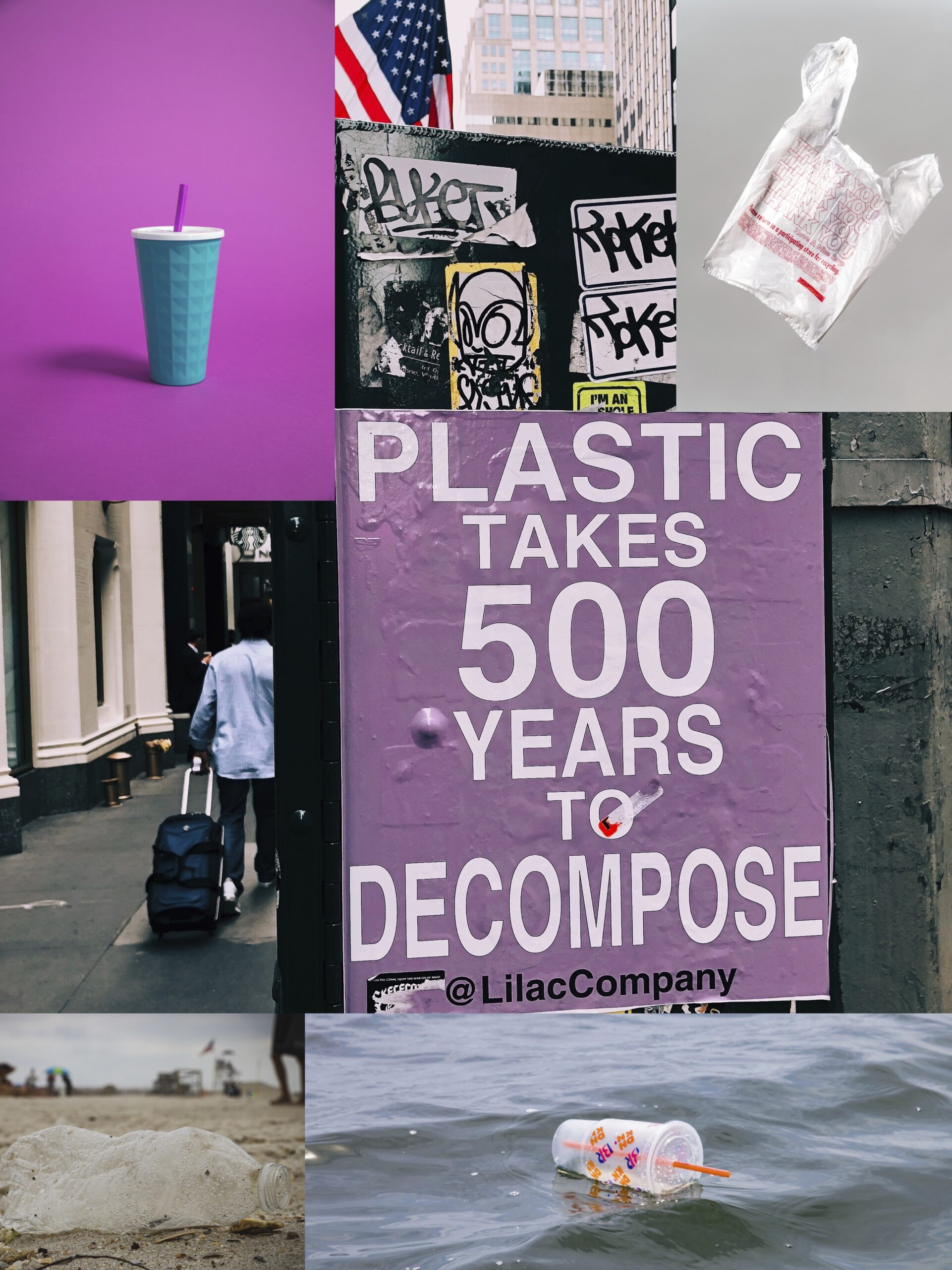 A collage of various images with the words plastic takes 5 0 0 years to decompose.