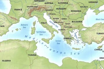 A map of the mediterranean sea with cities.
